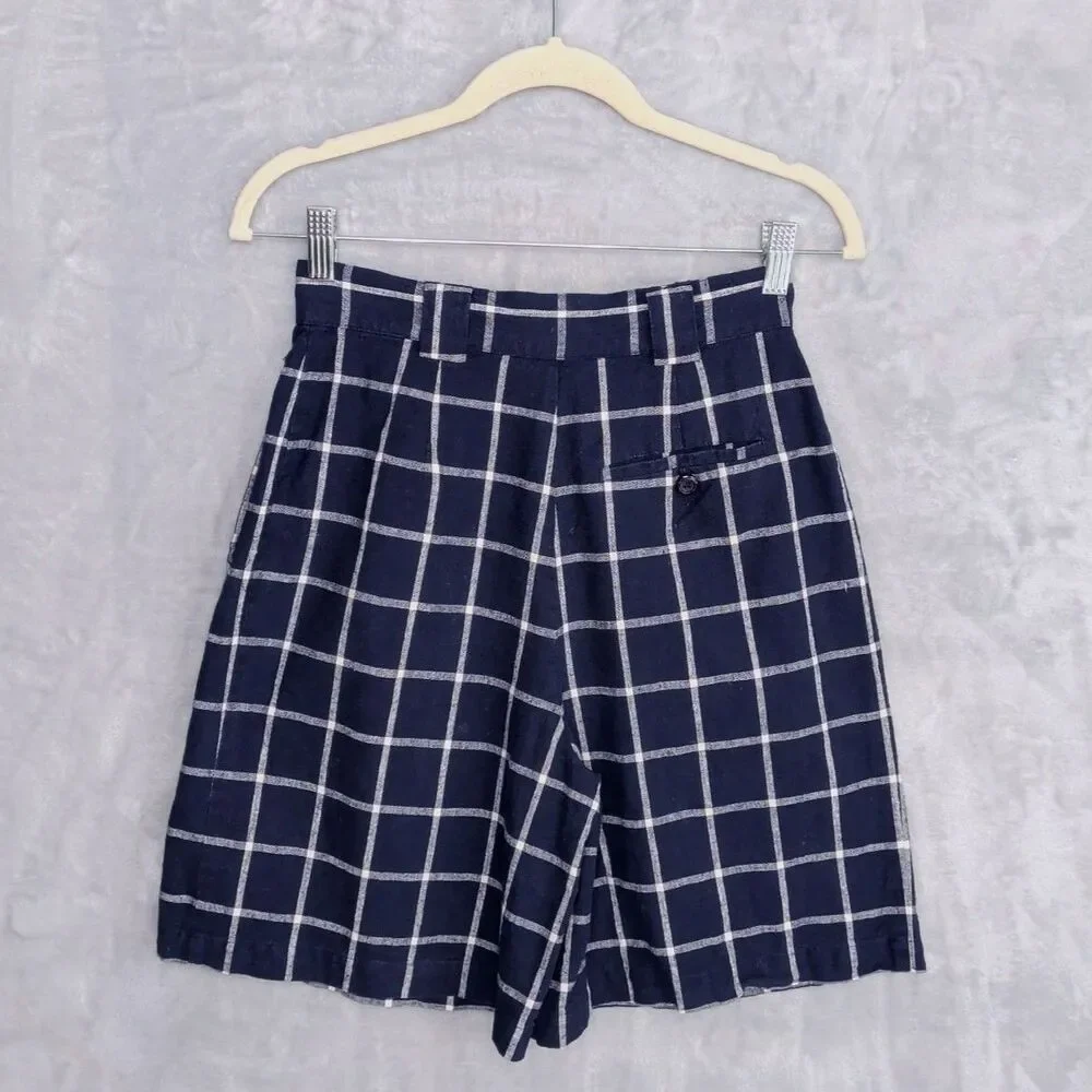 Vintage Blue Check Linen Blend Shorts Size 6 High Waisted 90s Preppy Nautical
